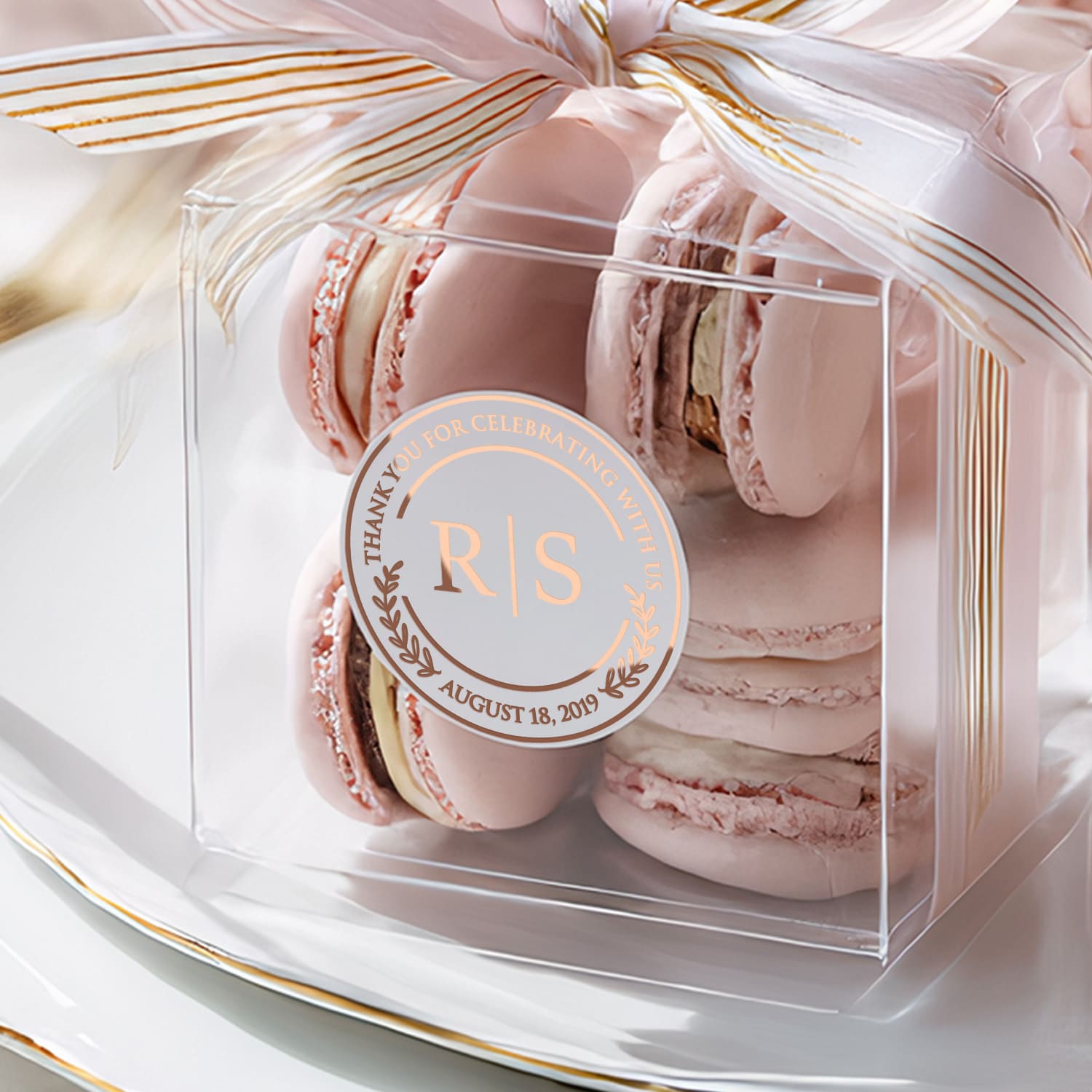 XOXOKristen custom clear wedding favor sticker with metallic foil on macaron box, luxury round seal for bridal shower and save the date packaging.