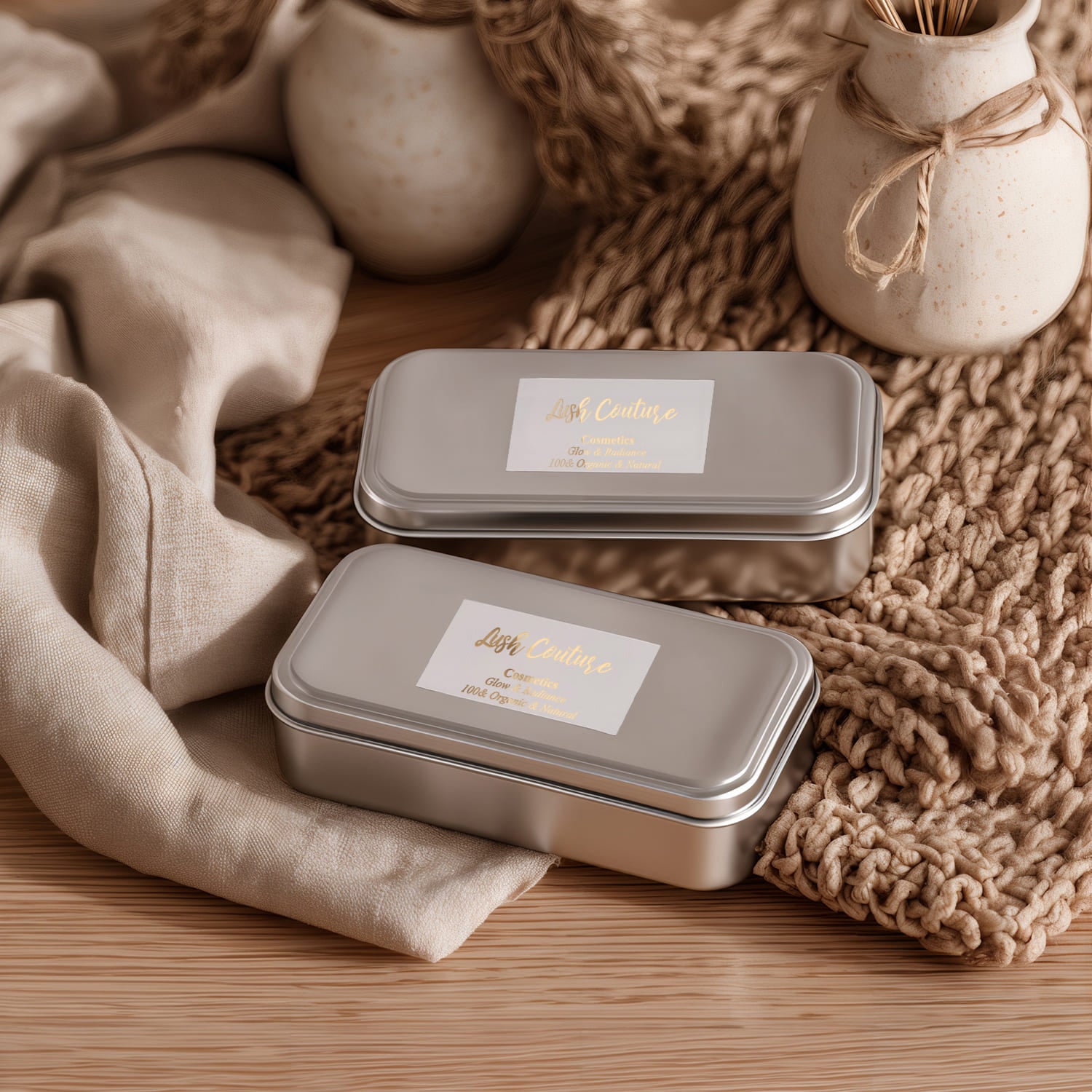 Metallic gold foil rectangular branding labels on silver tins, featuring elegant script design with contrasting serif details – XOXOKristen.