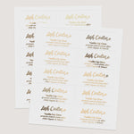 Sheets of rectangular branding labels with script and serif design in metallic foils and black print, arranged for packaging use – XOXOKristen.