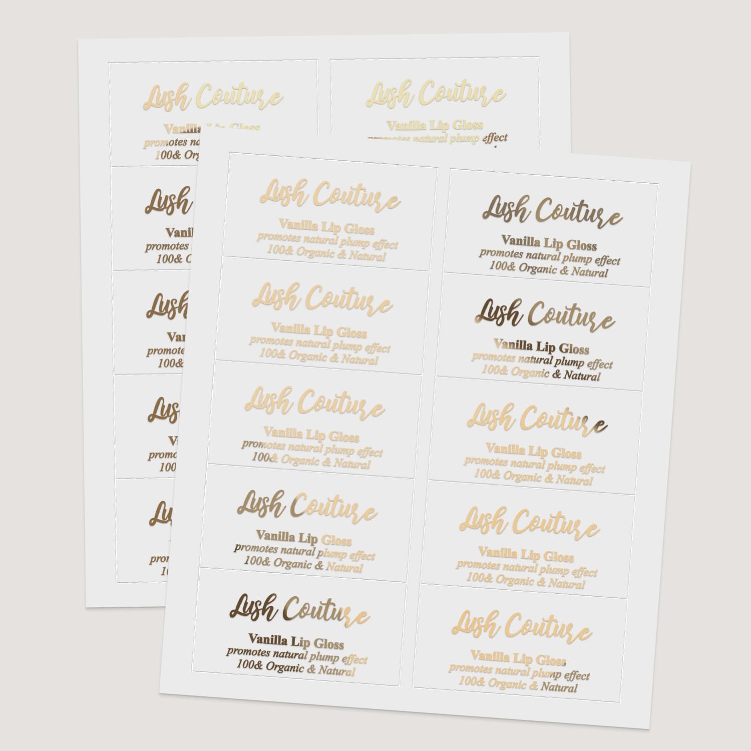 Sheets of rectangular branding labels with script and serif design in metallic foils and black print, arranged for packaging use – XOXOKristen.