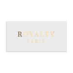 Rectangular metallic gold foil branding label with sharp-edged serif typography, classic and elegant packaging design – XOXOKristen.