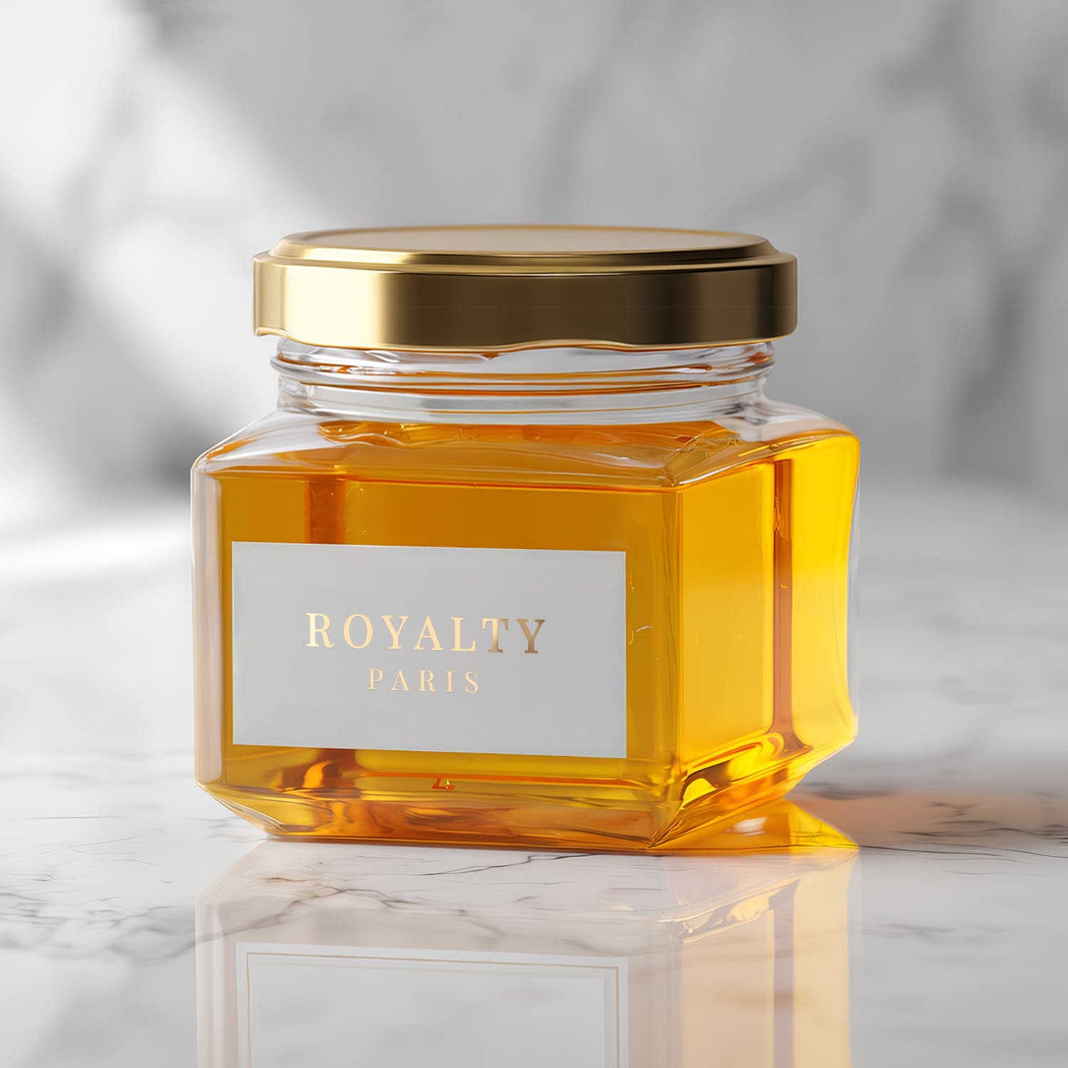 Glass jar with gold lid decorated with rectangular gold foil branding label, featuring minimalist serif typography – XOXOKristen.
