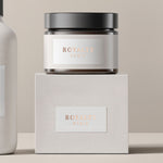 Cosmetic jar and box styled with rose gold foil rectangular branding labels, elegant luxury minimalist design – XOXOKristen.