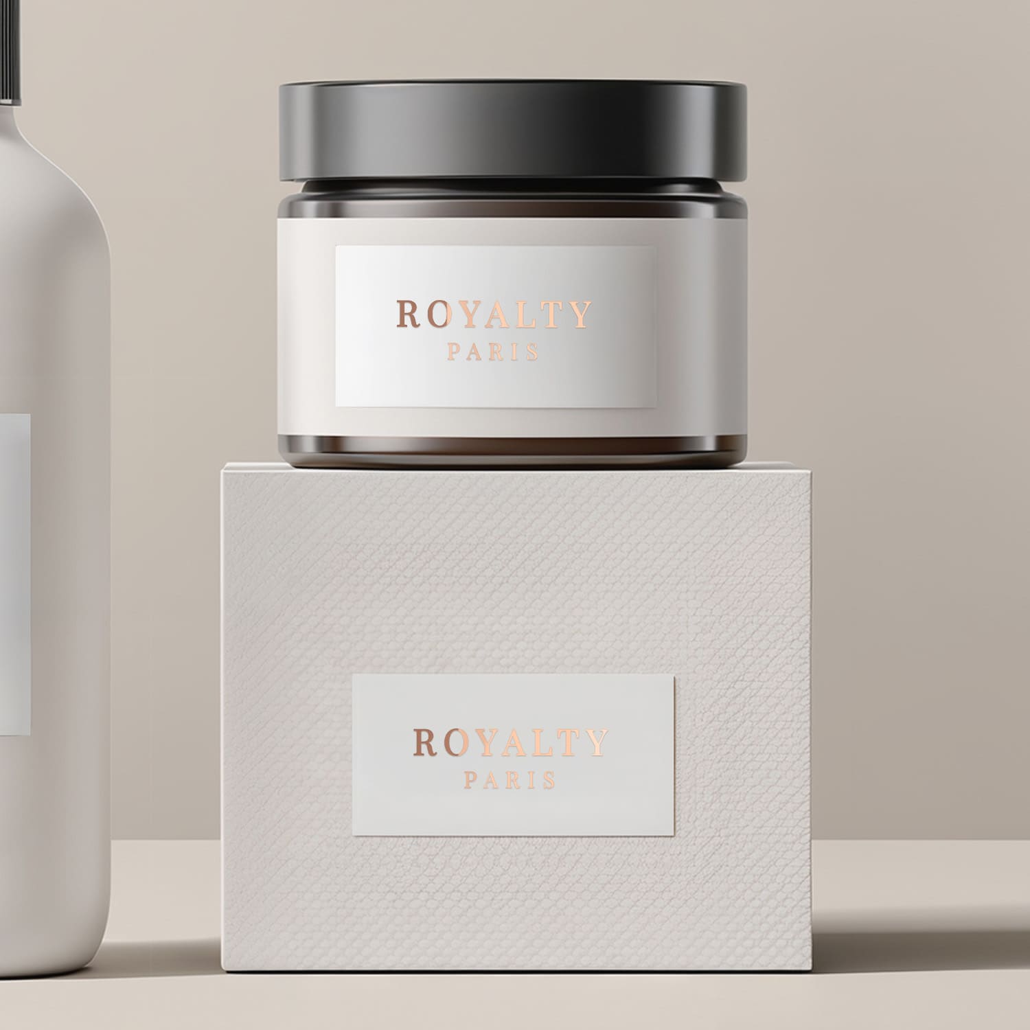 Cosmetic jar and box styled with rose gold foil rectangular branding labels, elegant luxury minimalist design – XOXOKristen.