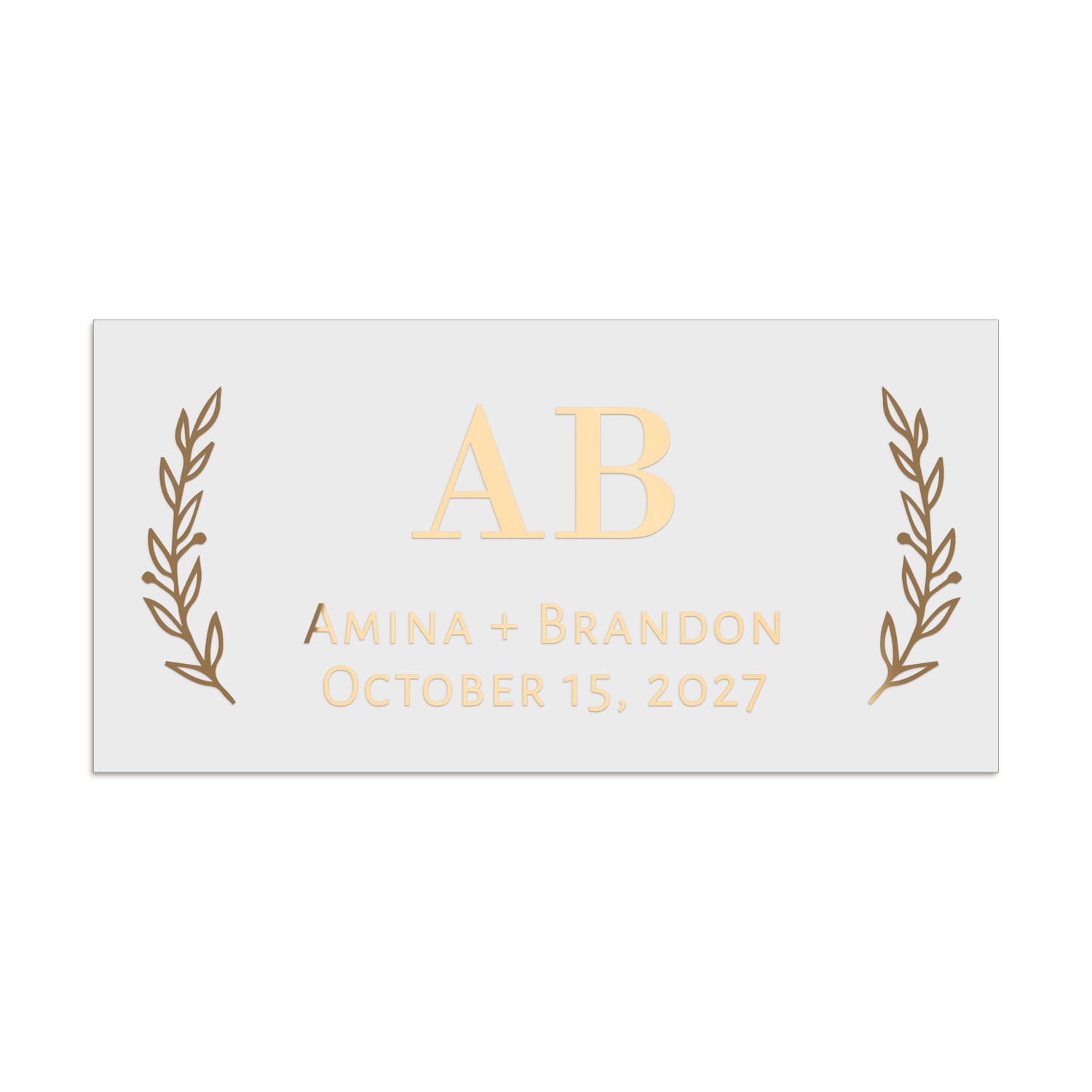 Rectangular wedding favor sticker in metallic gold foil, designed with bold serif initials and symmetrical botanical sprigs – XOXOKristen.