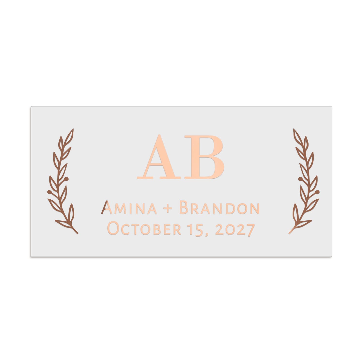 Rectangular wedding favor label in rose gold foil, featuring elegant serif initials framed by botanical foliage illustrations – XOXOKristen.