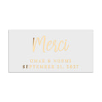 Rectangular wedding label Merci in metallic gold foil, combining handwritten script headline with serif text for elegant favors – XOXOKristen.