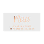 Rose gold foil rectangular wedding favor sticker with flowing script headline and serif typography, luxury metallic finish – XOXOKristen.
