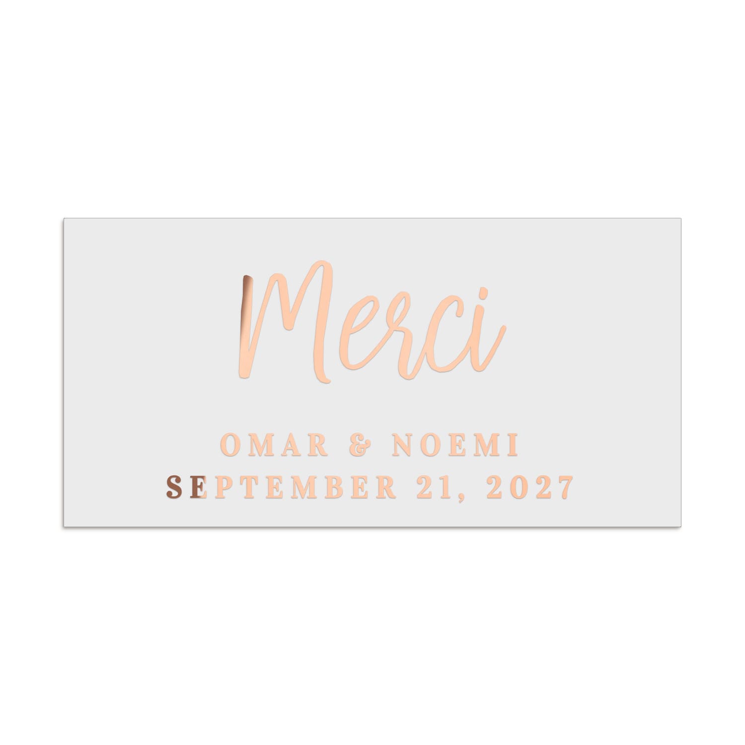 Rose gold foil rectangular wedding favor sticker with flowing script headline and serif typography, luxury metallic finish – XOXOKristen.