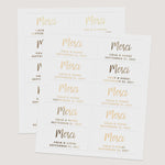 Sheets of rectangular wedding favor labels in metallic foils and black print, combining script and serif typography – XOXOKristen.