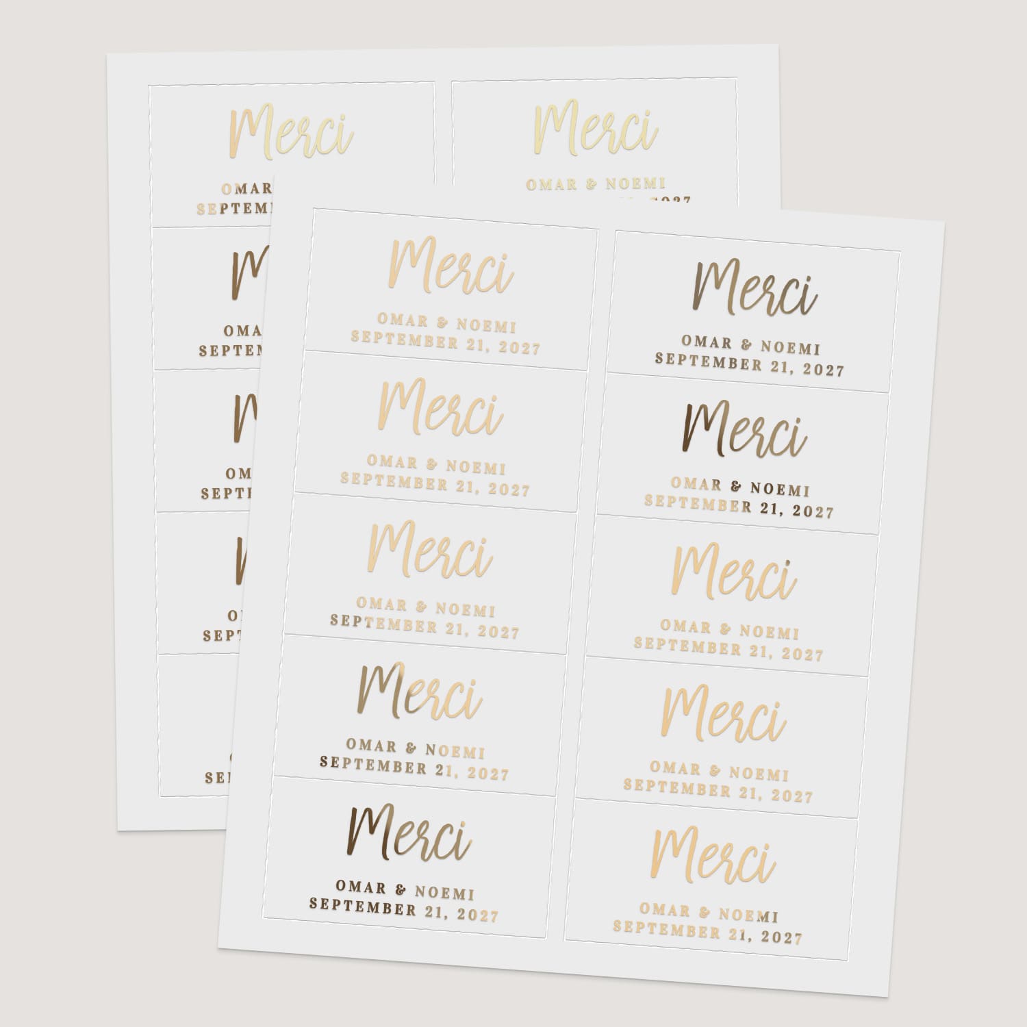 Sheets of rectangular wedding favor labels in metallic foils and black print, combining script and serif typography – XOXOKristen.
