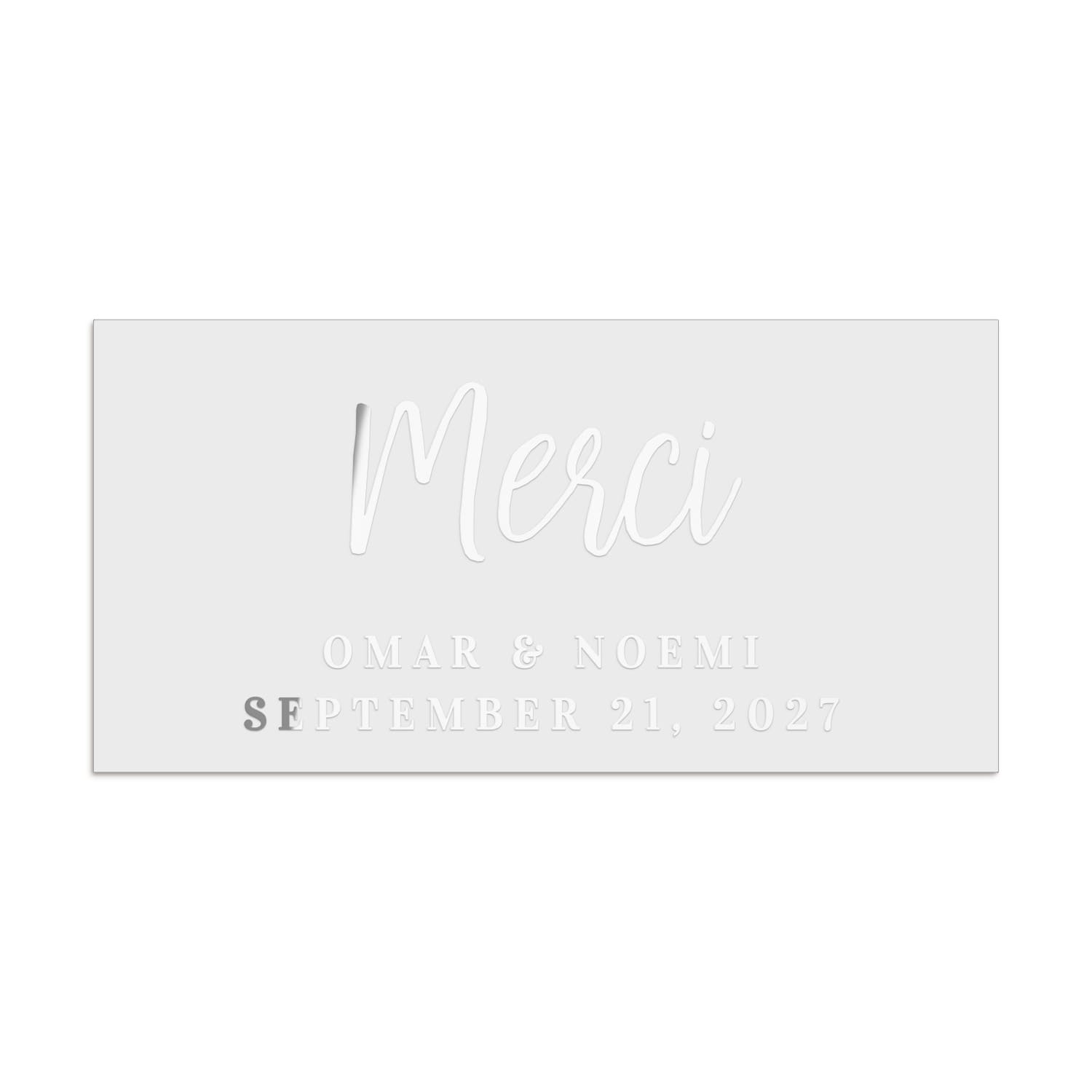 Silver foil rectangular wedding label featuring handwritten script headline with serif typography subtext, modern metallic design – XOXOKristen.