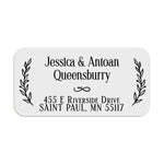 XOXOKristen personalized address label with laurel branch design, elegant serif names and address text, printed in black ink on white PVC vinyl - XOXOKristen
