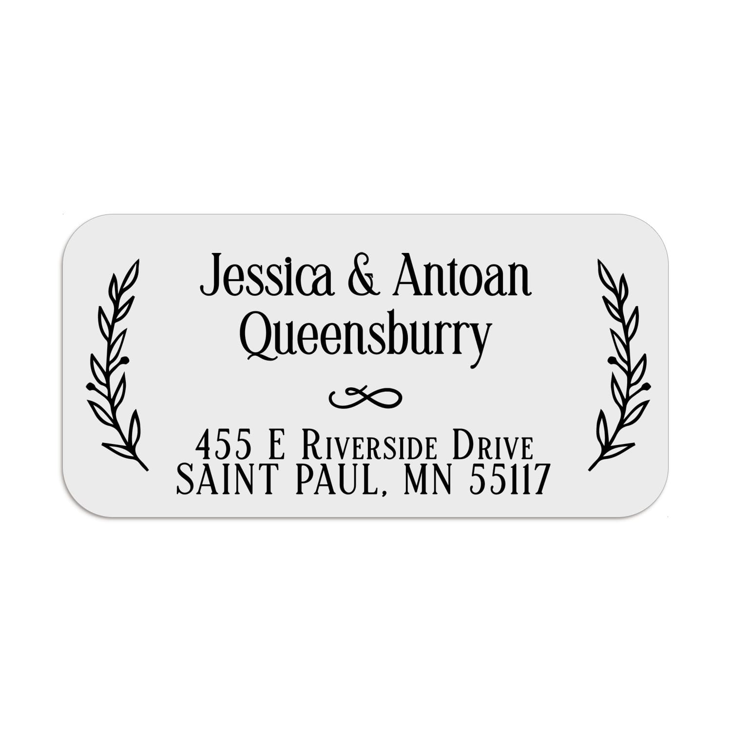 XOXOKristen personalized address label with laurel branch design, elegant serif names and address text, printed in black ink on white PVC vinyl - XOXOKristen