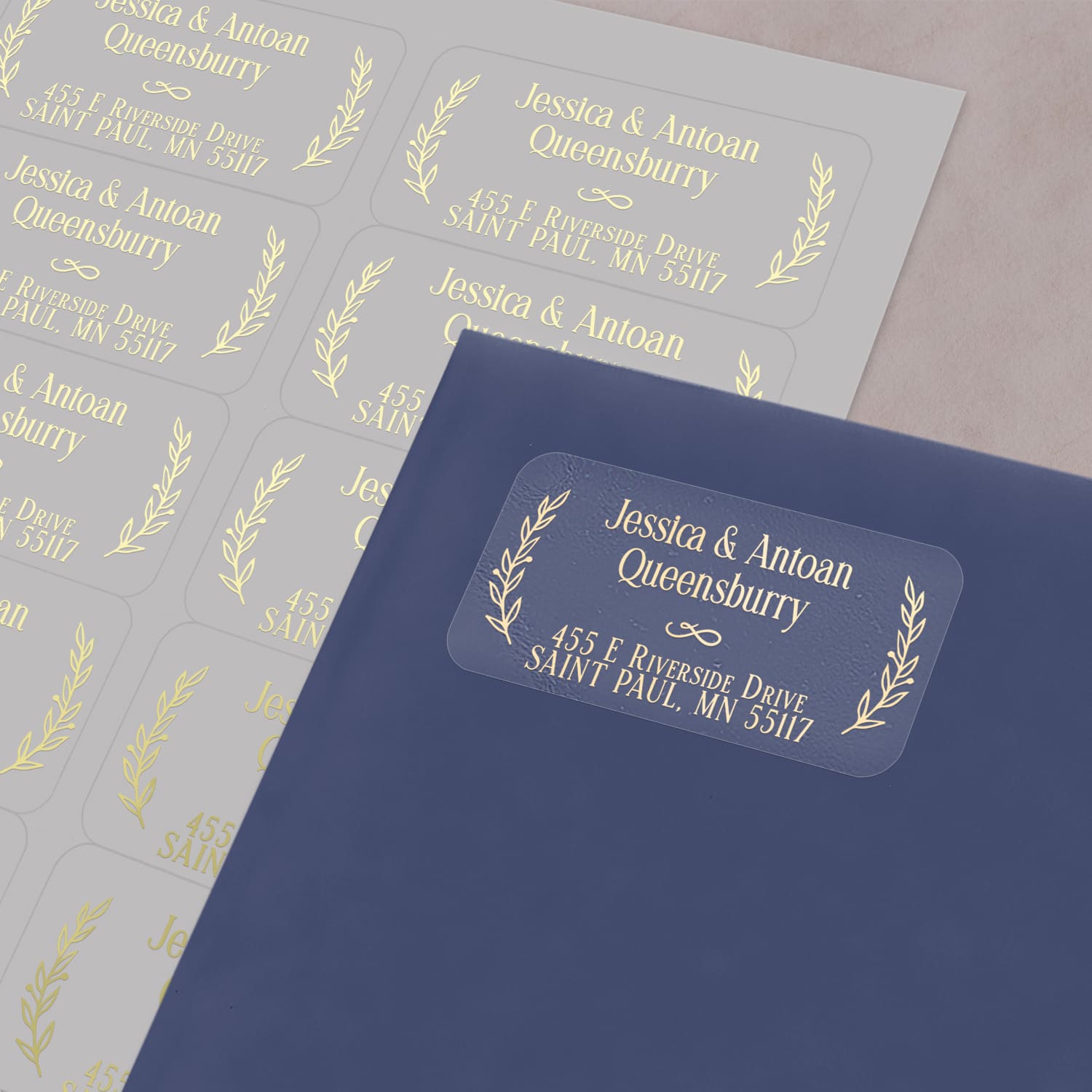 XOXOKristen custom address label with botanical laurel motifs, serif typography, printed in white on clear PVC vinyl for elegant envelope seals - XOXOKristen