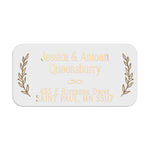 XOXOKristen rose gold foil address label with botanical laurel decoration, printed on white PVC vinyl, applied on blush pink stationery - XOXOKristen