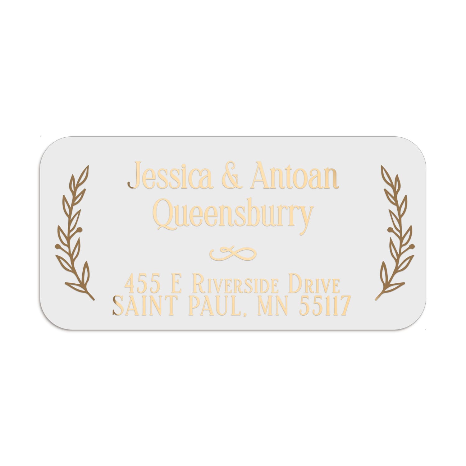 XOXOKristen rose gold foil address label with botanical laurel decoration, printed on white PVC vinyl, applied on blush pink stationery - XOXOKristen