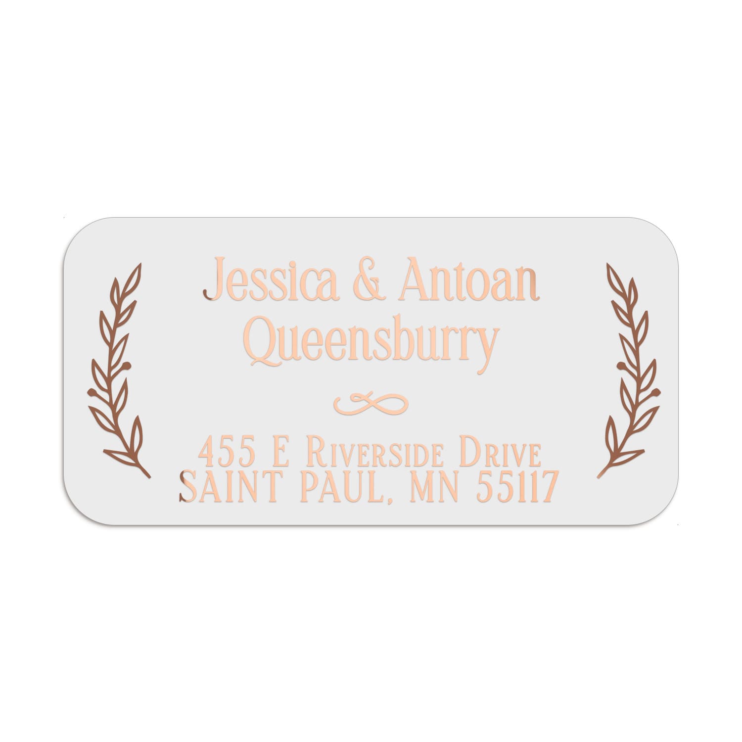 XOXOKristen personalized address label with botanical laurel borders and serif typography, printed in luxurious gold foil on white PVC vinyl - XOXOKristen