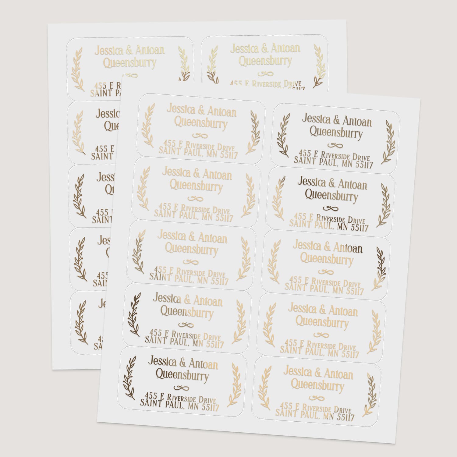 XOXOKristen sheet of personalized address labels with laurel leaf accents, available in black ink, gold foil, rose gold foil, and silver foil finishes - XOXOKristen