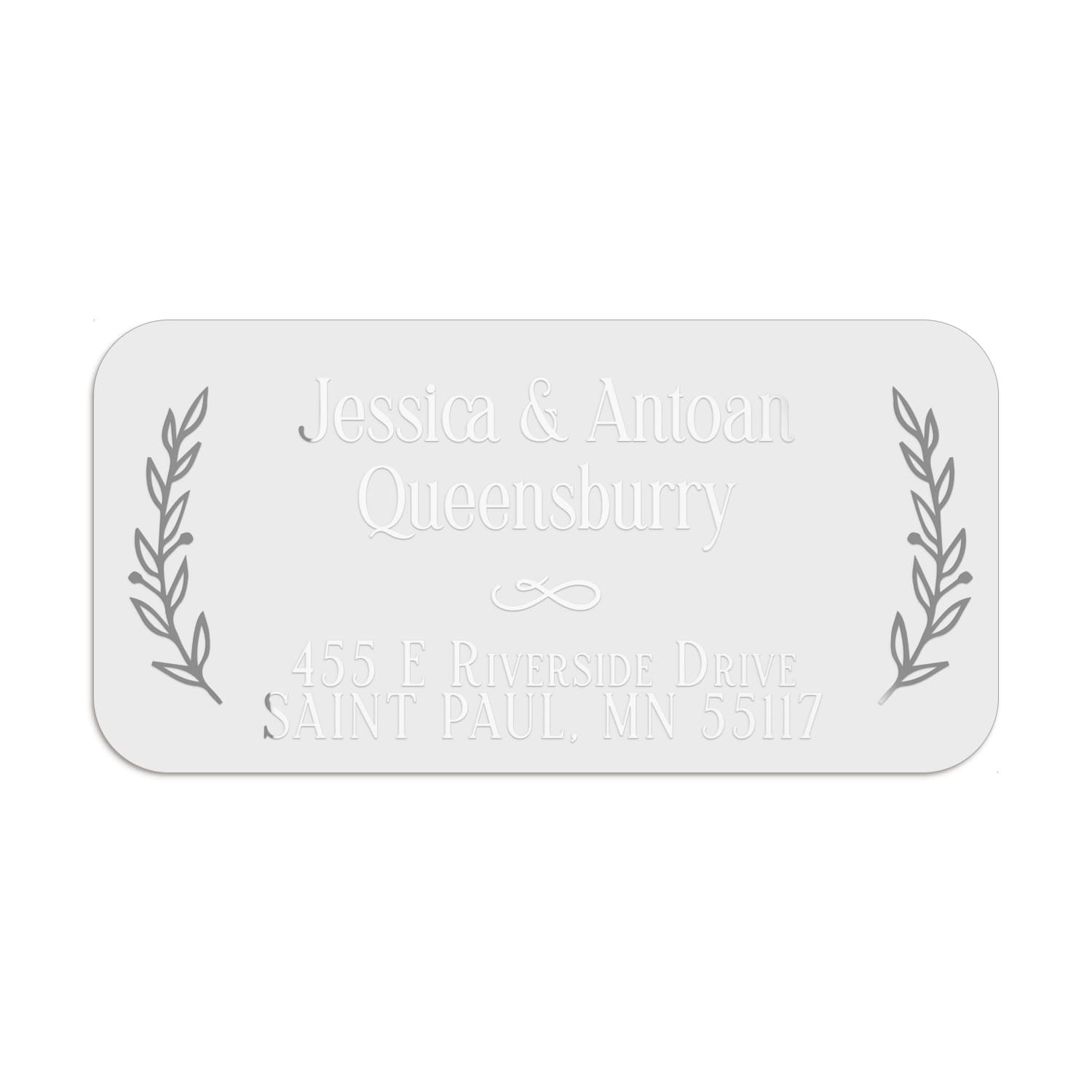 XOXOKristen return address label with laurel motifs and classic serif names, printed in modern rose gold foil on premium PVC vinyl - XOXOKristen