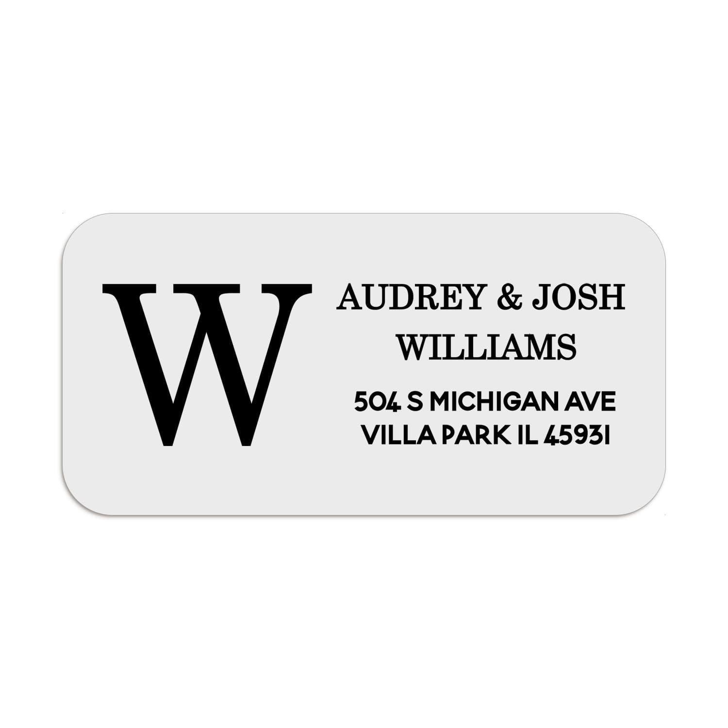 XOXOKristen personalized address label with bold monogram initial and names in classic serif font, printed in black ink on white PVC vinyl sticker - XOXOKristen