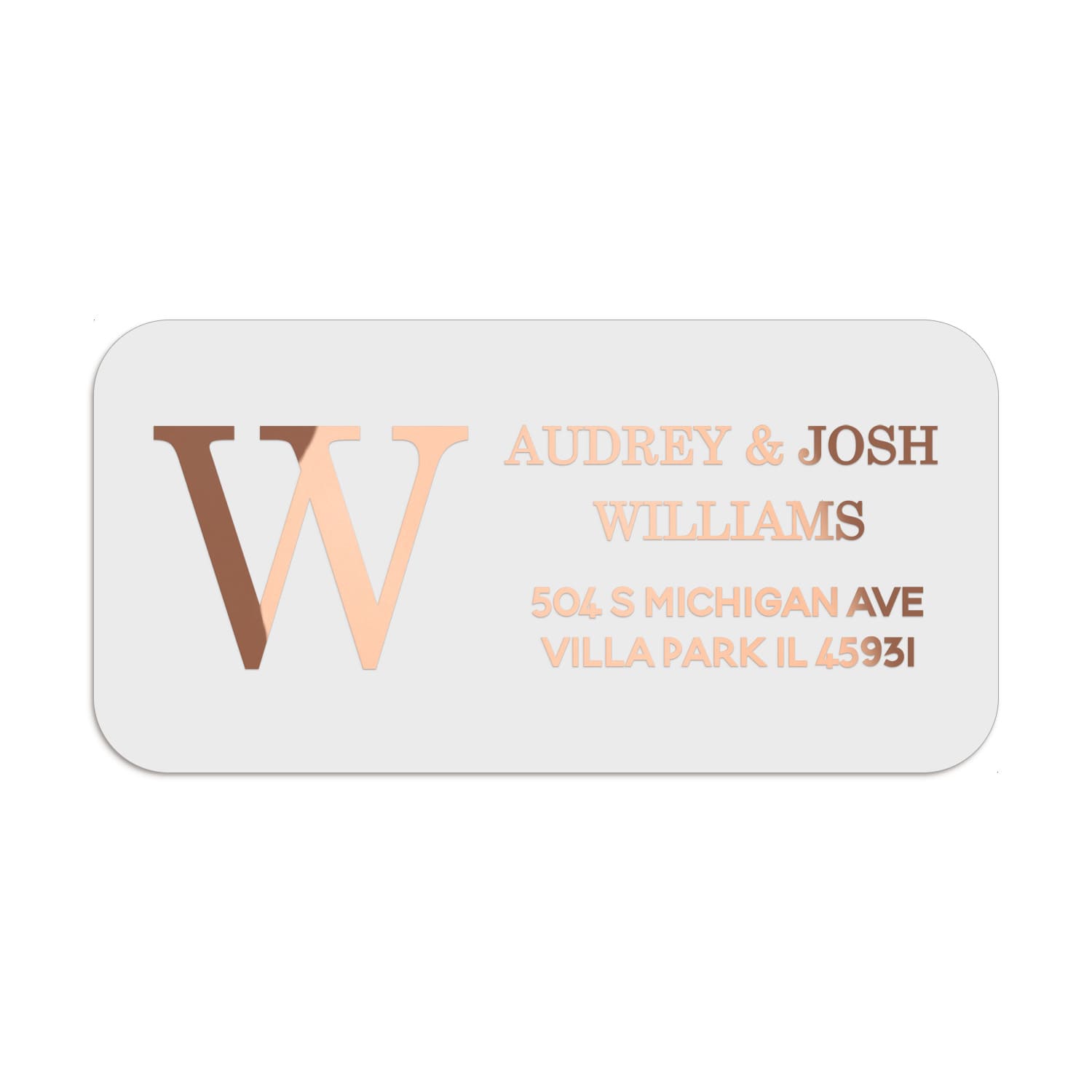 XOXOKristen return address label with bold serif initial and personalized text, printed in elegant rose gold foil on premium PVC vinyl sticker - XOXOKristen