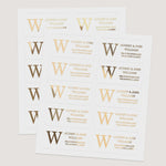 XOXOKristen sheet of personalized address labels with bold monogram initials in gold, rose gold, silver foils and black ink, on white PVC vinyl - XOXOKristen