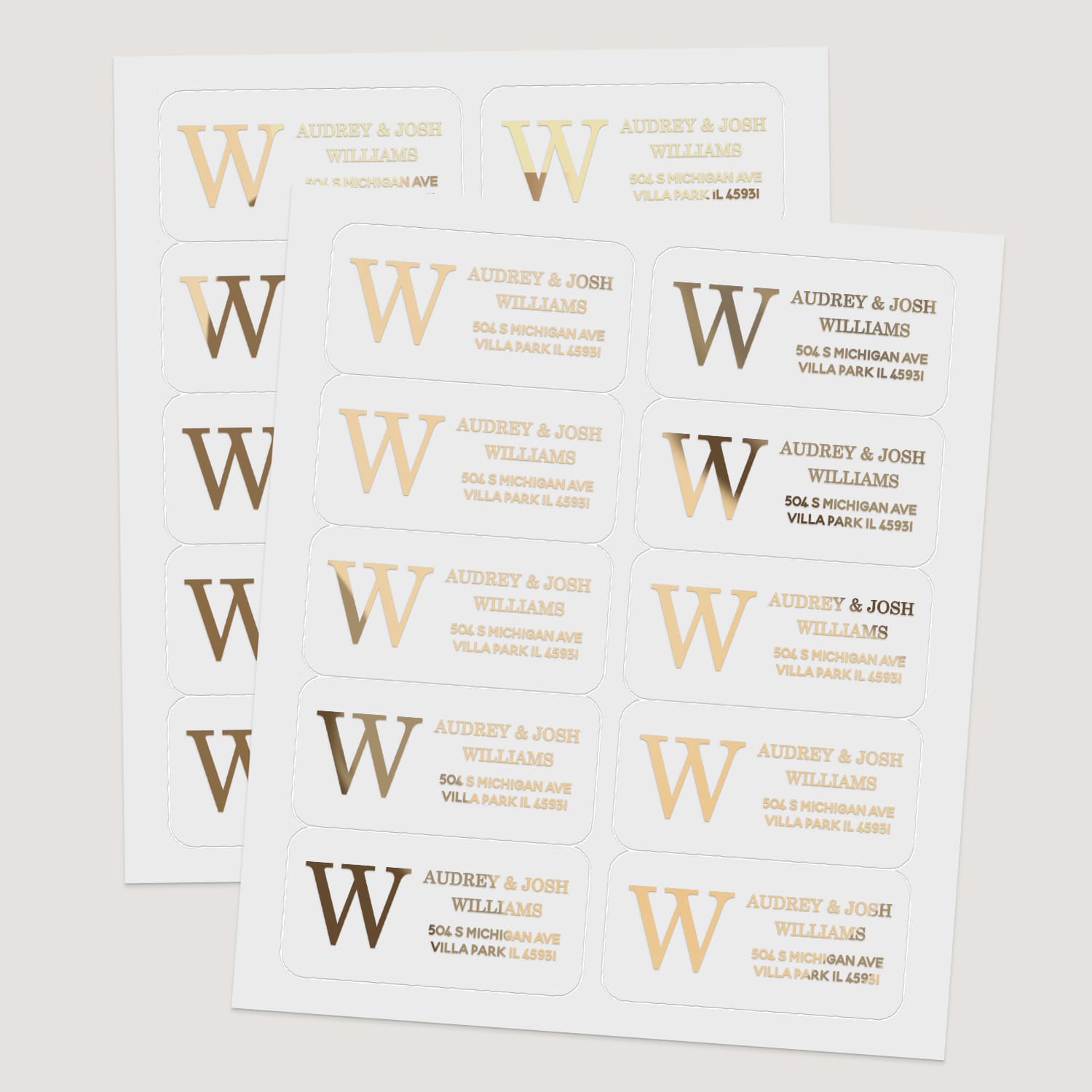 XOXOKristen sheet of personalized address labels with bold monogram initials in gold, rose gold, silver foils and black ink, on white PVC vinyl - XOXOKristen