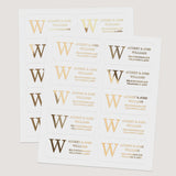 XOXOKristen sheet of personalized address labels with bold monogram initials in gold, rose gold, silver foils and black ink, on white PVC vinyl - XOXOKristen