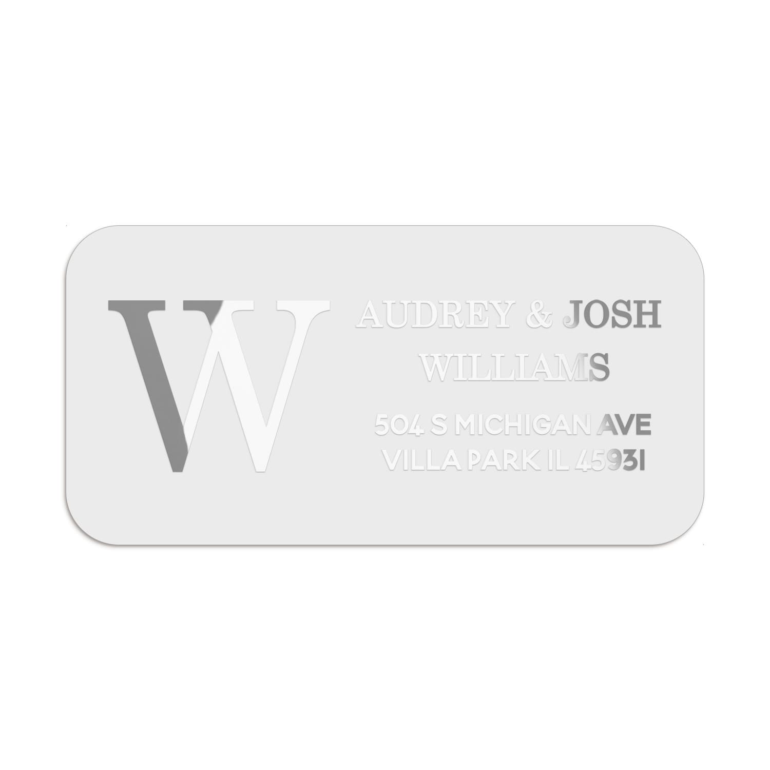 XOXOKristen silver foil address label with monogram initial and serif names, printed on clear PVC vinyl for envelopes and wedding stationery - XOXOKristen