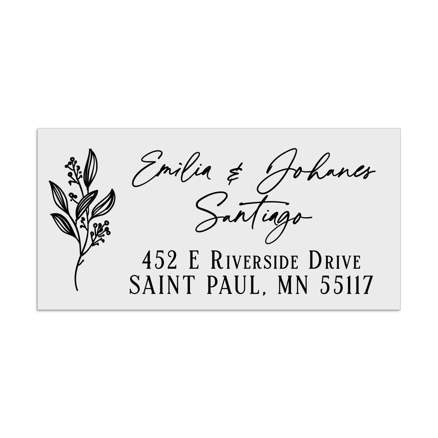 Personalized rectangular address label with botanical floral branch design, printed in elegant black ink on white PVC vinyl material - XOXOKristen