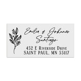 Personalized rectangular address label with botanical floral branch design, printed in elegant black ink on white PVC vinyl material - XOXOKristen