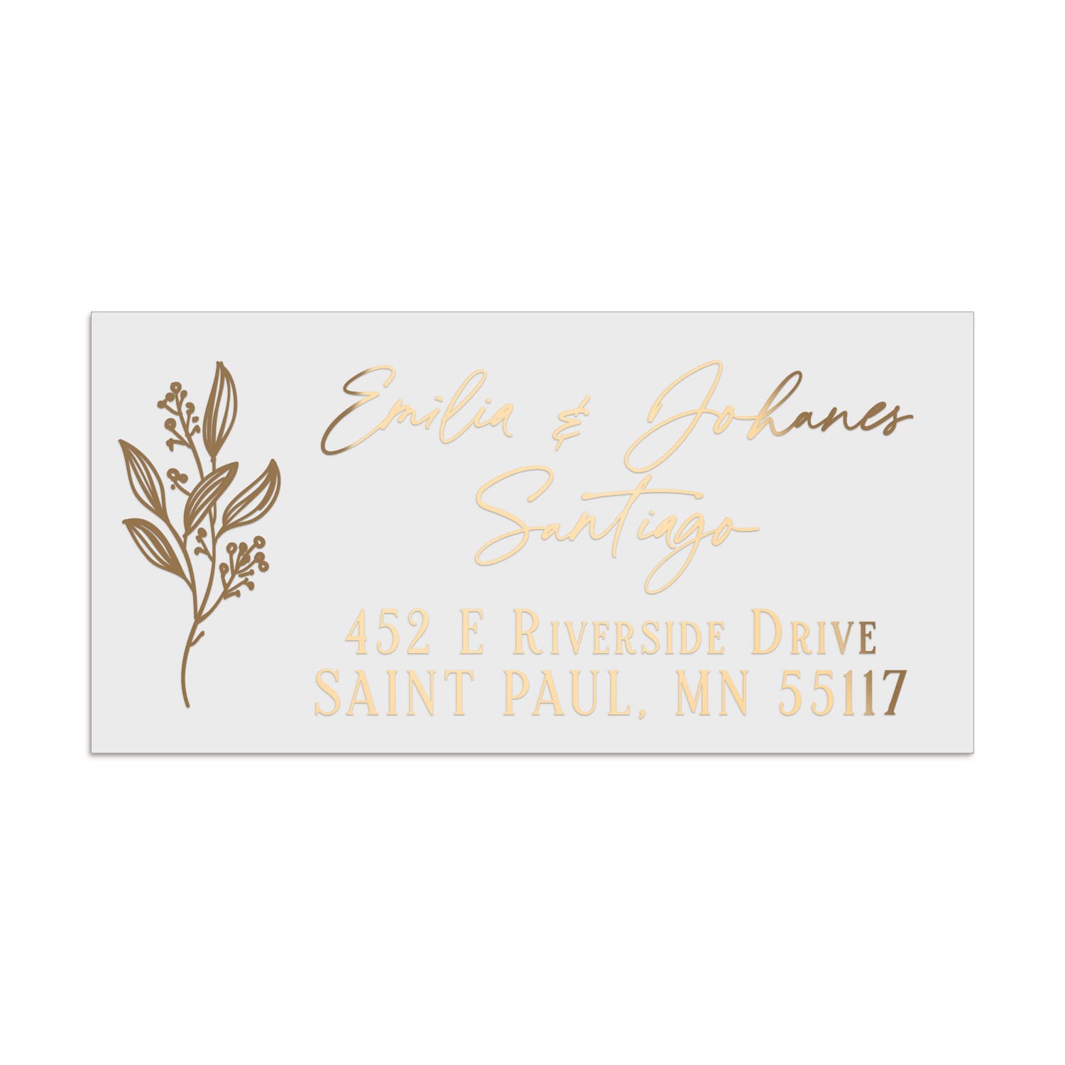 Personalized wedding return address labels with floral branch motif, printed in rose gold foil and black ink, shown on pink envelopes - XOXOKristen