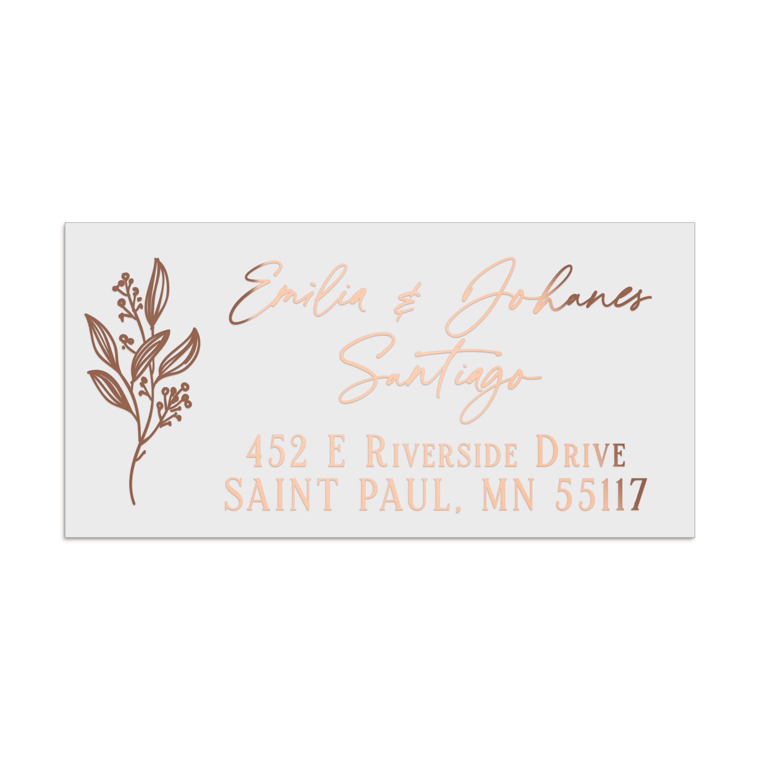 Personalized address label with botanical floral accent, printed in romantic rose gold foil on premium white vinyl sticker material - XOXOKristen