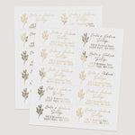 Sheets of rectangular personalized address labels with floral botanical design, printed in gold foil, rose gold foil, silver foil, and black ink - XOXOKristen