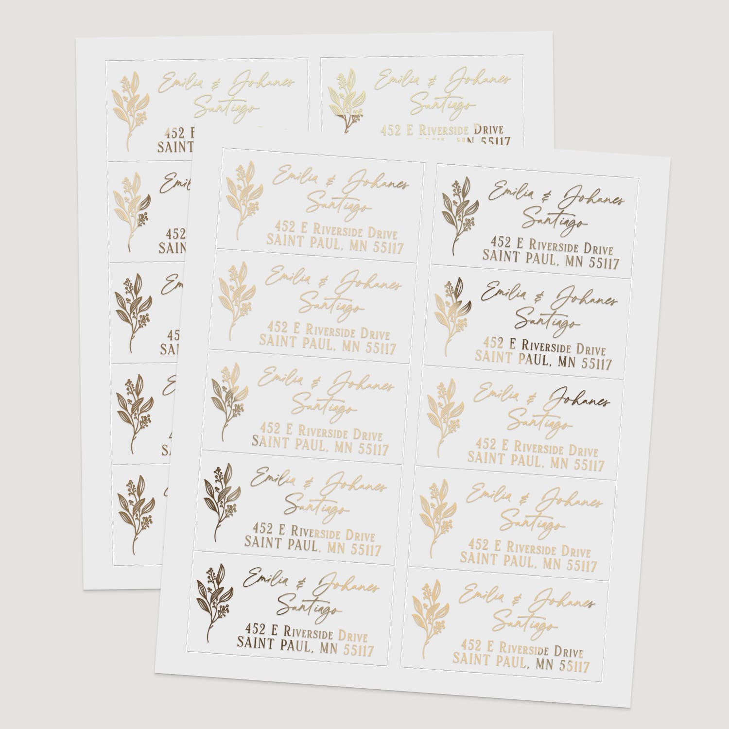 Sheets of rectangular personalized address labels with floral botanical design, printed in gold foil, rose gold foil, silver foil, and black ink - XOXOKristen