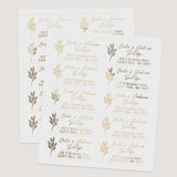 Sheets of rectangular personalized address labels with floral botanical design, printed in gold foil, rose gold foil, silver foil, and black ink - XOXOKristen