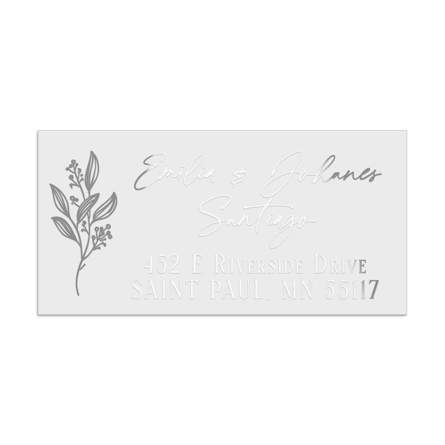 Custom rectangular address label with floral branch motif, printed in elegant metallic silver foil on high-quality white PVC vinyl sticker - XOXOKristen