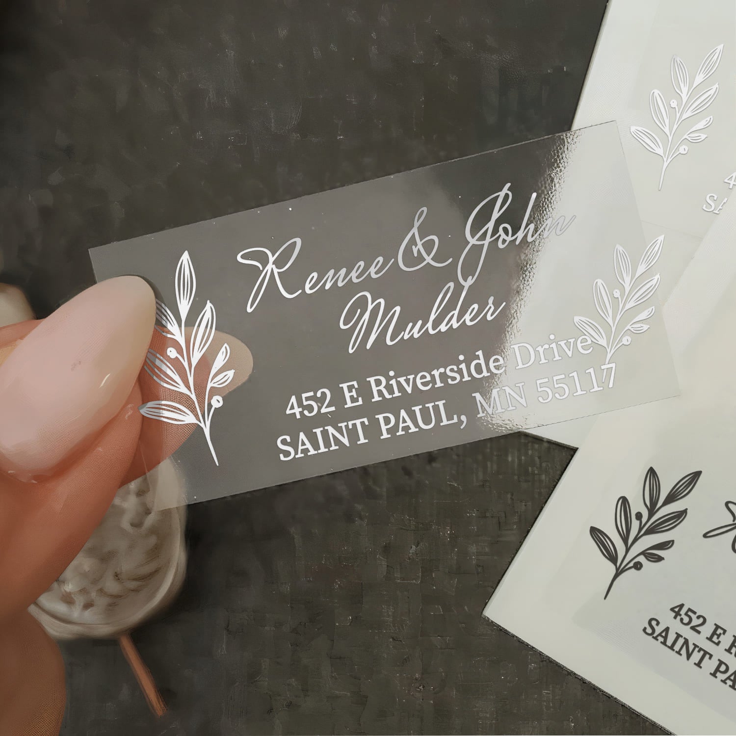 XOXOKristen custom clear return address label with silver print and botanical foliage illustration, transparent glossy envelope sticker - XOXOKristen