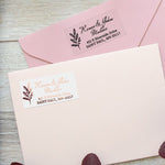 XOXOKristen return address label stickers with black and rose gold print, shown on pink envelopes, elegant personalized mailing labels - XOXOKristen