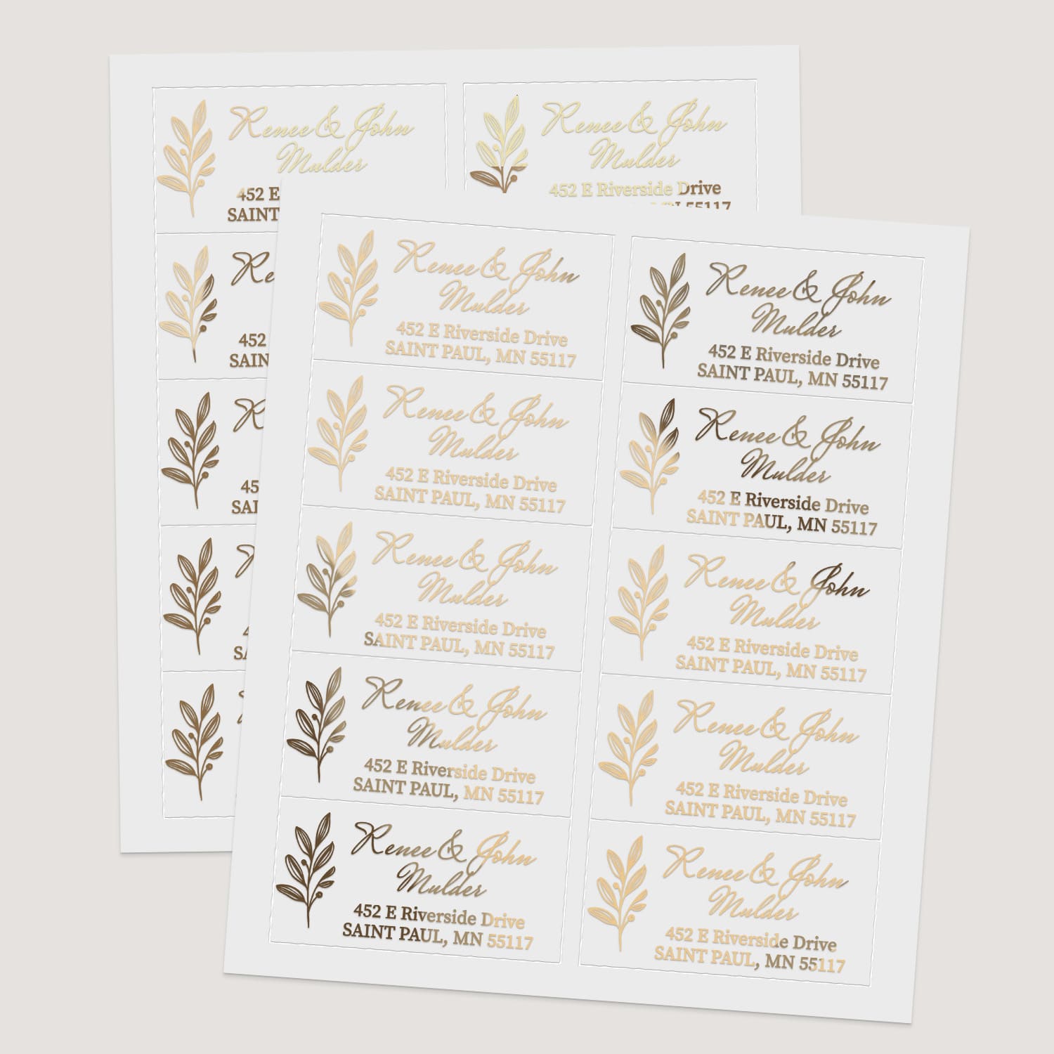 XOXOKristen return address label sticker sheets featuring designs in gold, silver, rose gold, and black prints with foliage accents - XOXOKristen