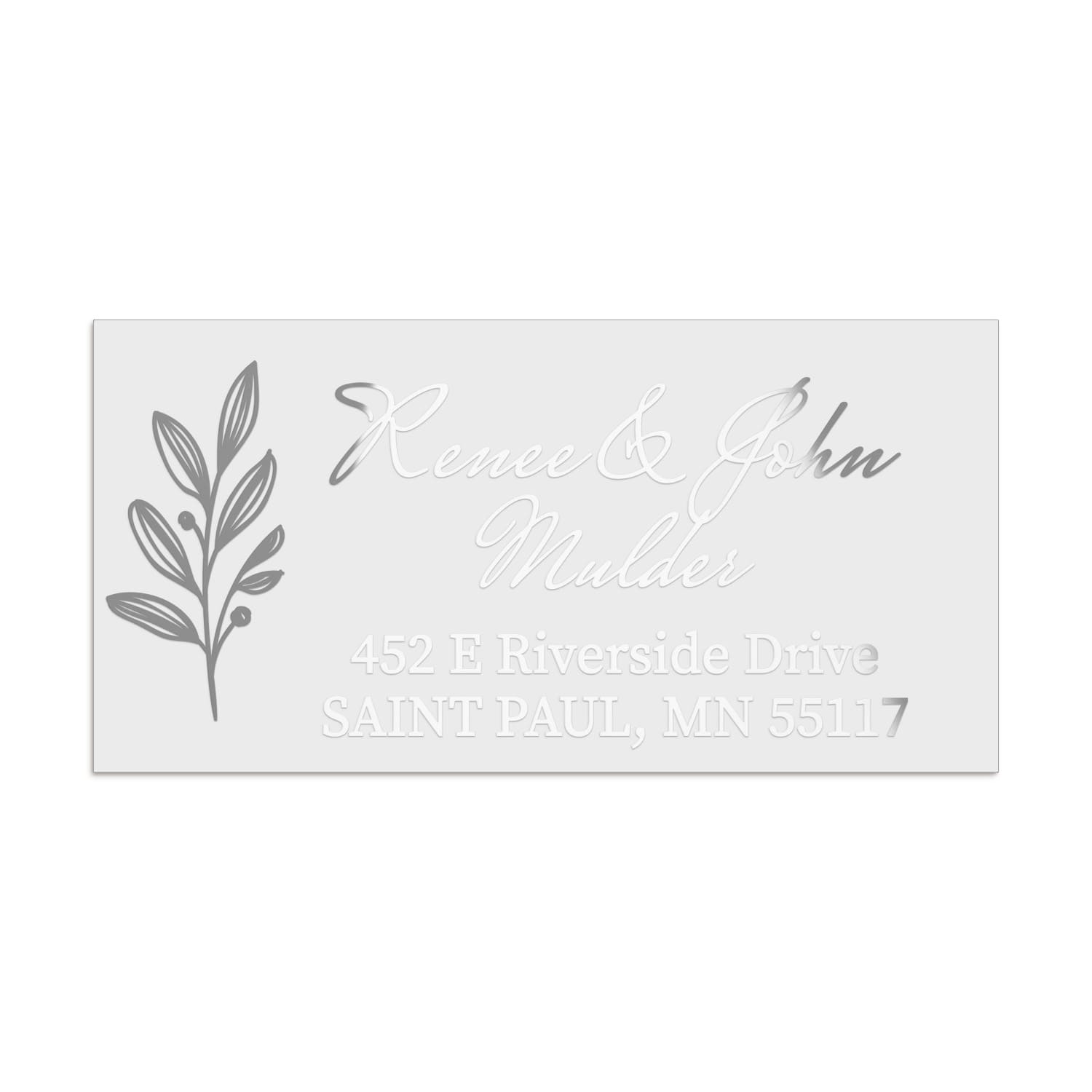 XOXOKristen personalized silver foil return address label with botanical motif and calligraphy text, glossy clear mailing sticker - XOXOKristen