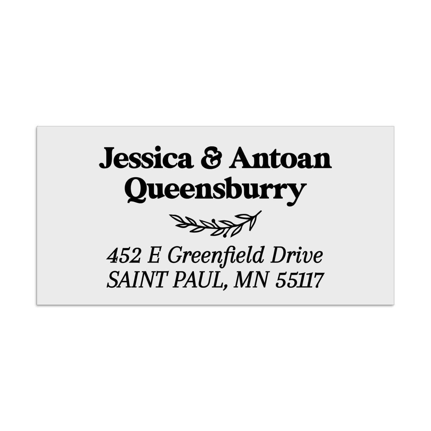 XOXOKristen personalized return address label with bold black text and foliage motif, printed on matte white background, custom envelope sticker - XOXOKristen