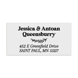 XOXOKristen personalized return address label with bold black text and foliage motif, printed on matte white background, custom envelope sticker - XOXOKristen