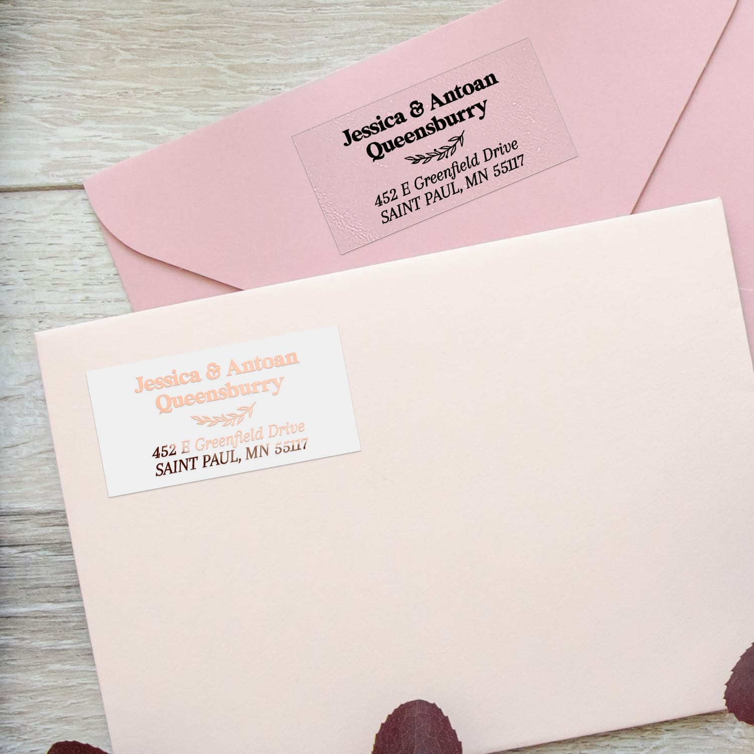 XOXOKristen return address label stickers with black and blush pink print, applied on pink and cream envelopes, elegant personalized mailing labels - XOXOKristen