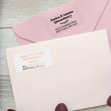 XOXOKristen return address label stickers with black and blush pink print, applied on pink and cream envelopes, elegant personalized mailing labels - XOXOKristen