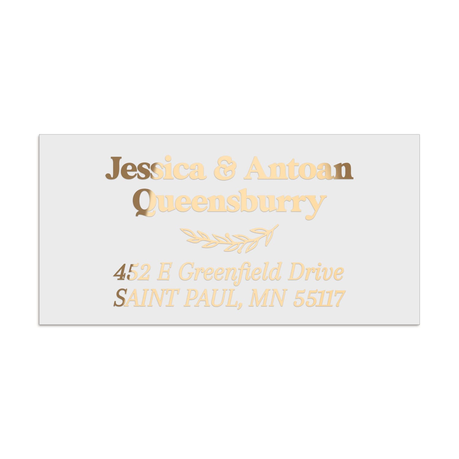 XOXOKristen personalized return address label in shiny gold foil, elegant serif text with foliage divider, custom envelope seal sticker - XOXOKristen