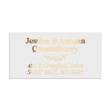 XOXOKristen personalized return address label in shiny gold foil, elegant serif text with foliage divider, custom envelope seal sticker - XOXOKristen