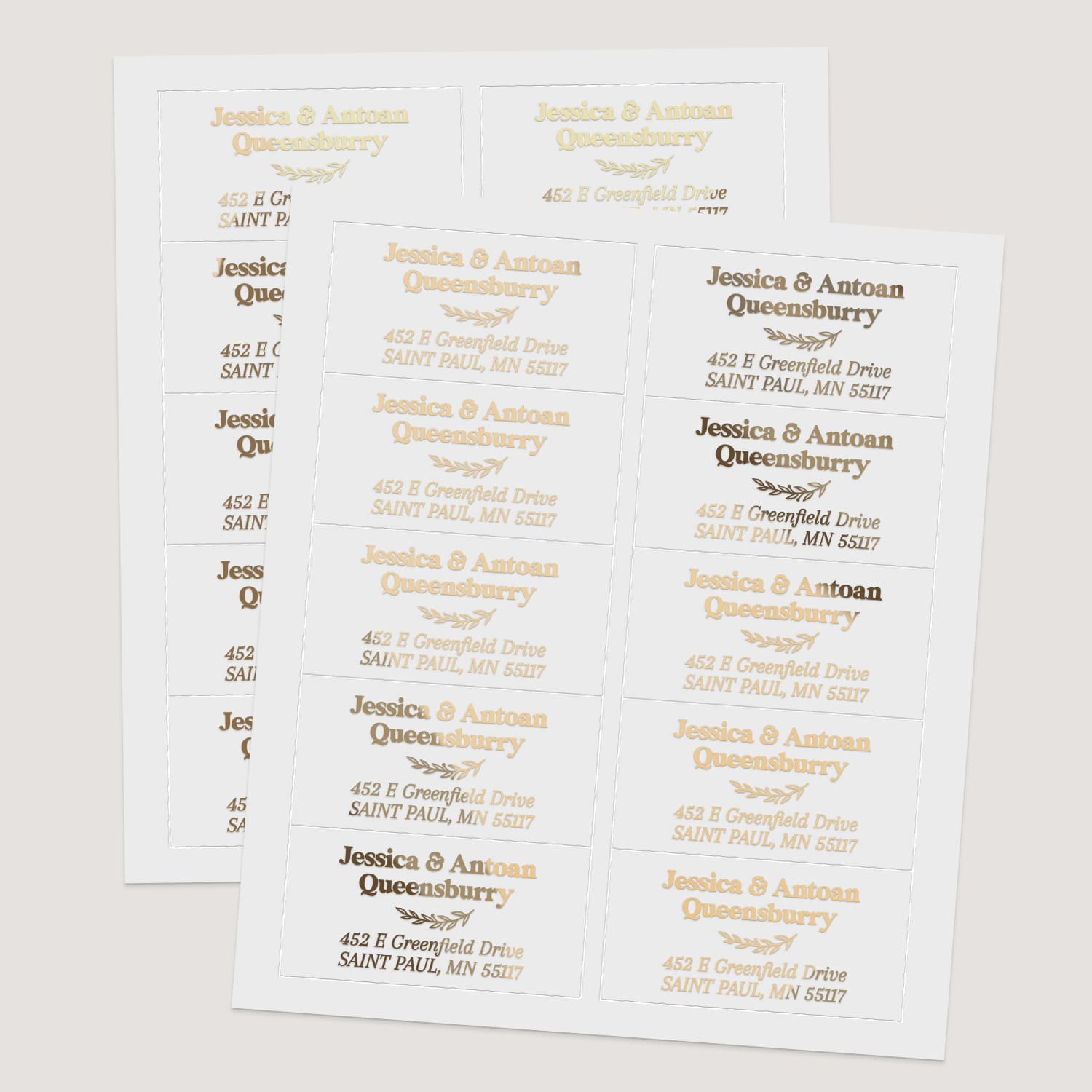 XOXOKristen return address label sheet with multiple designs in gold, silver, rose gold and black print, customizable envelope stickers - XOXOKristen
