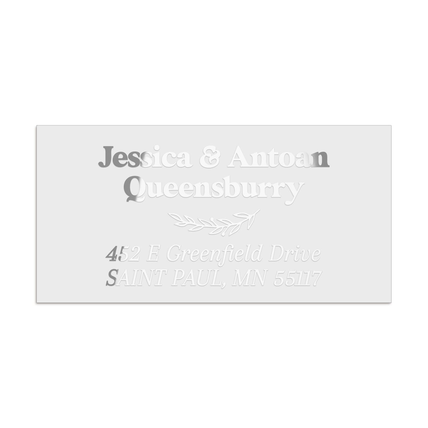 XOXOKristen silver foil personalized return address label with elegant script typography and foliage divider, clear glossy envelope sticker - XOXOKristen